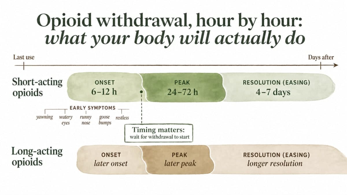 Visualize the cited opioid withdrawal timeline described in the section, showing onset, peak, and resolution phases for short-acting vs. long-acting opioids, plus when buprenorphine timing matters