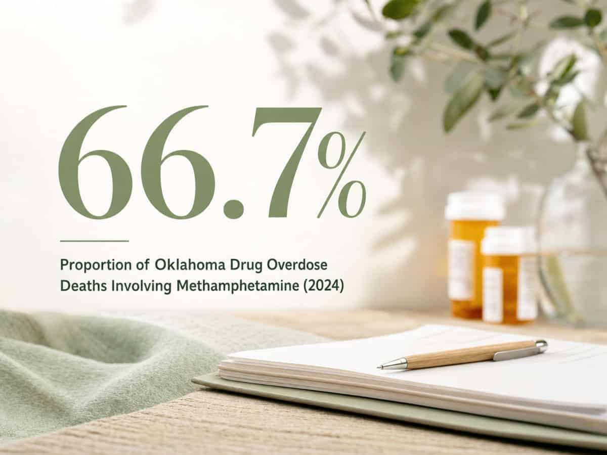 Infographic showing Proportion of Oklahoma Drug Overdose Deaths Involving Methamphetamine (2024)