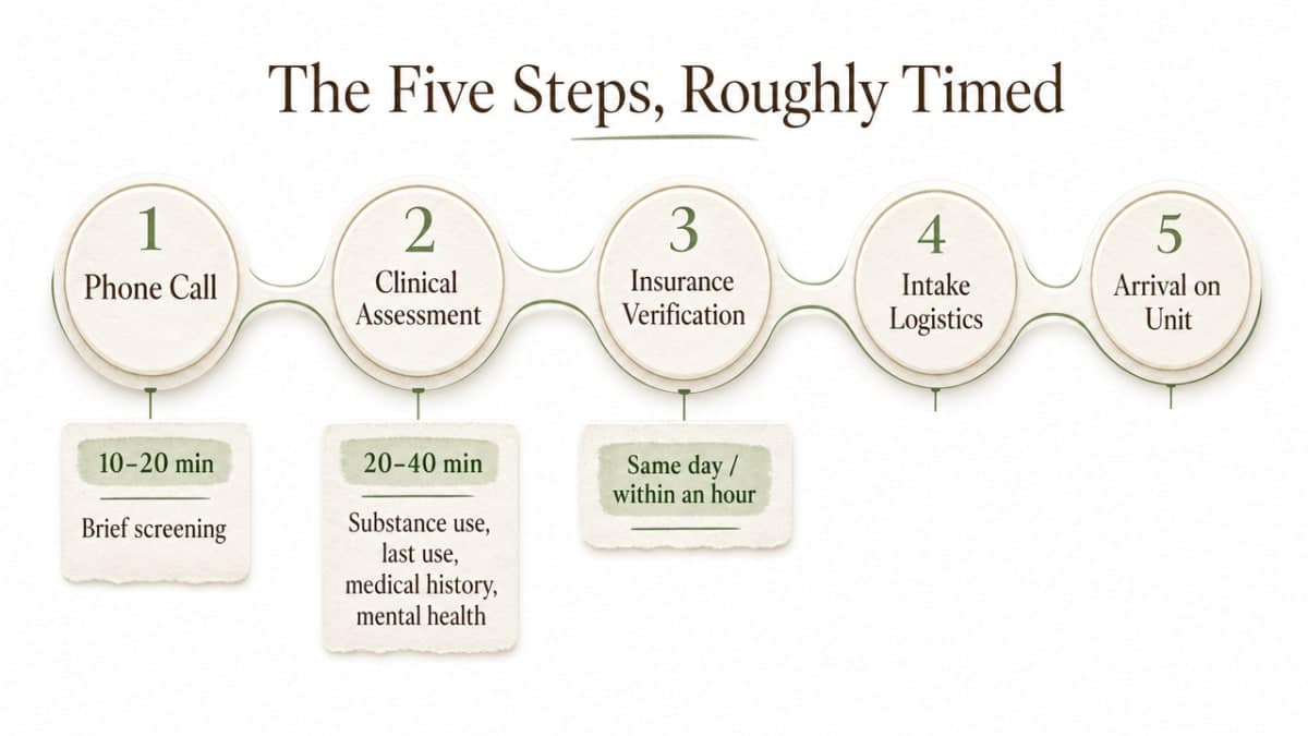 Visualize the five-step admissions pathway described in the section with matching timings, since the article explicitly walks through each step and its rough duration