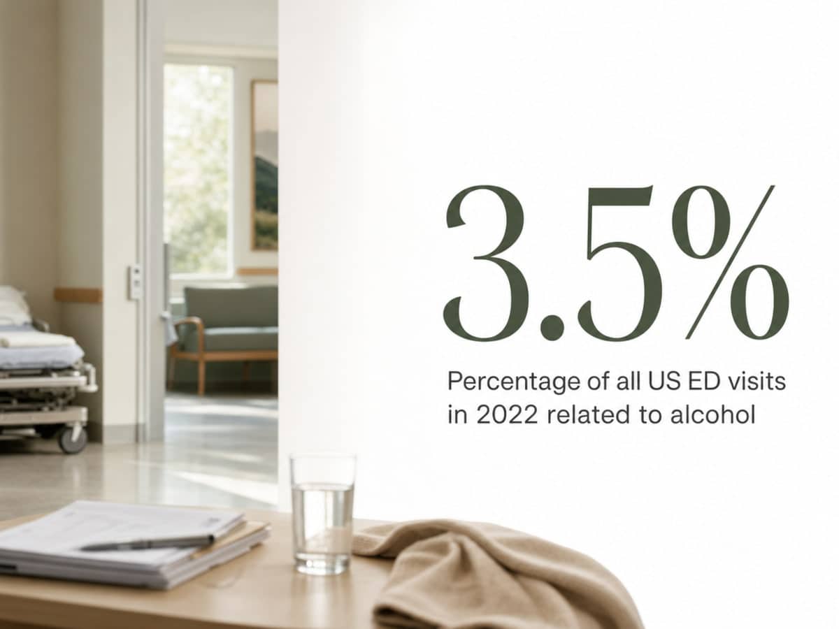 Infographic showing Percentage of all US ED visits in 2022 related to alcohol