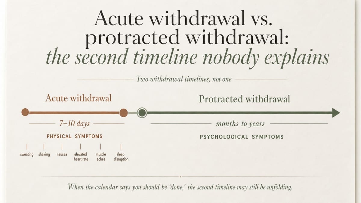 Visualize the two-timeline concept central to this section: the short acute phase versus the much longer protracted phase, using the specific durations cited in the surrounding prose