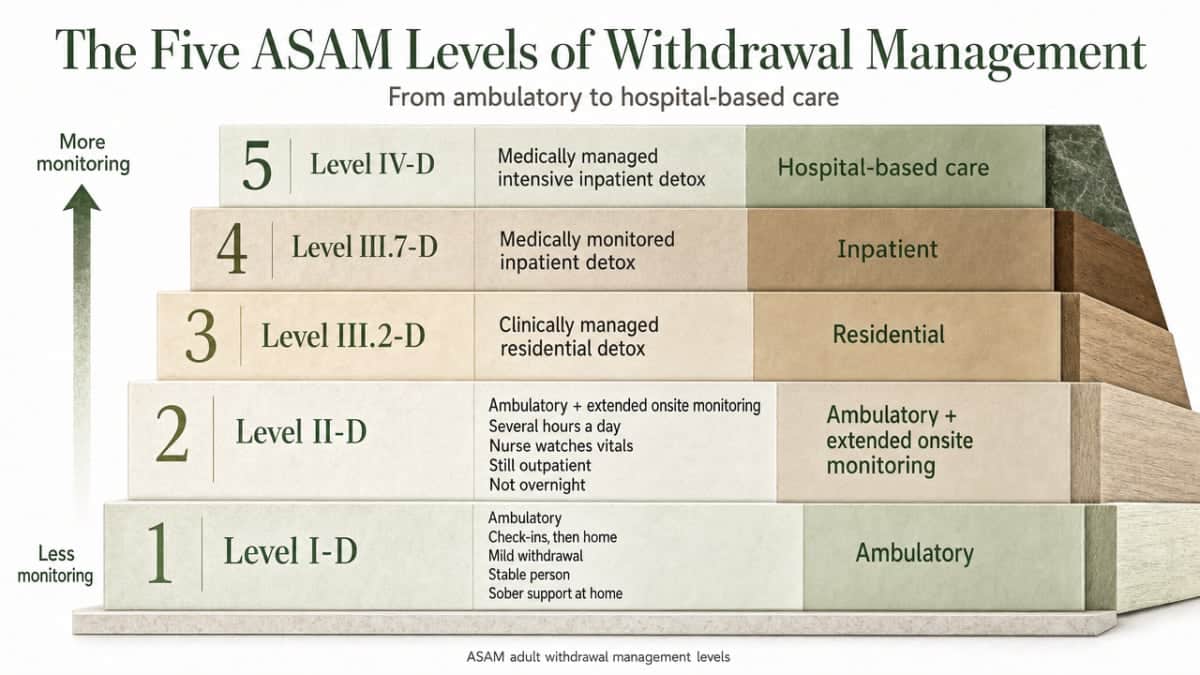 Visualize the five ASAM adult withdrawal management levels described in this section, helping readers place a facility on the ladder from ambulatory to hospital-based care