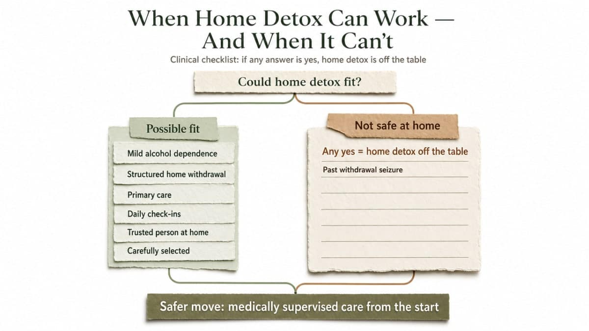 Visualize the clinical checklist of contraindications that rule out home detox, directly supporting the section's cited criteria