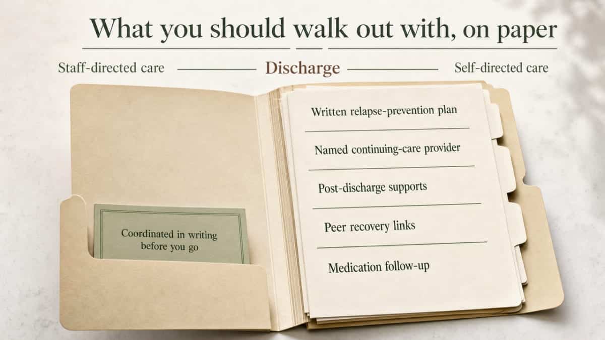 Visualize the concrete checklist of items a patient should physically have in their discharge folder before leaving detox, directly supporting the section's bulleted list