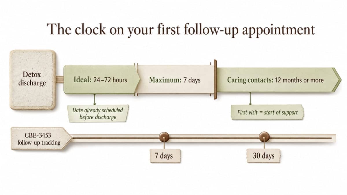 Illustrate the SAMHSA-cited timing windows for the first outpatient follow-up appointment after detox discharge, reinforcing the numbers stated in prose