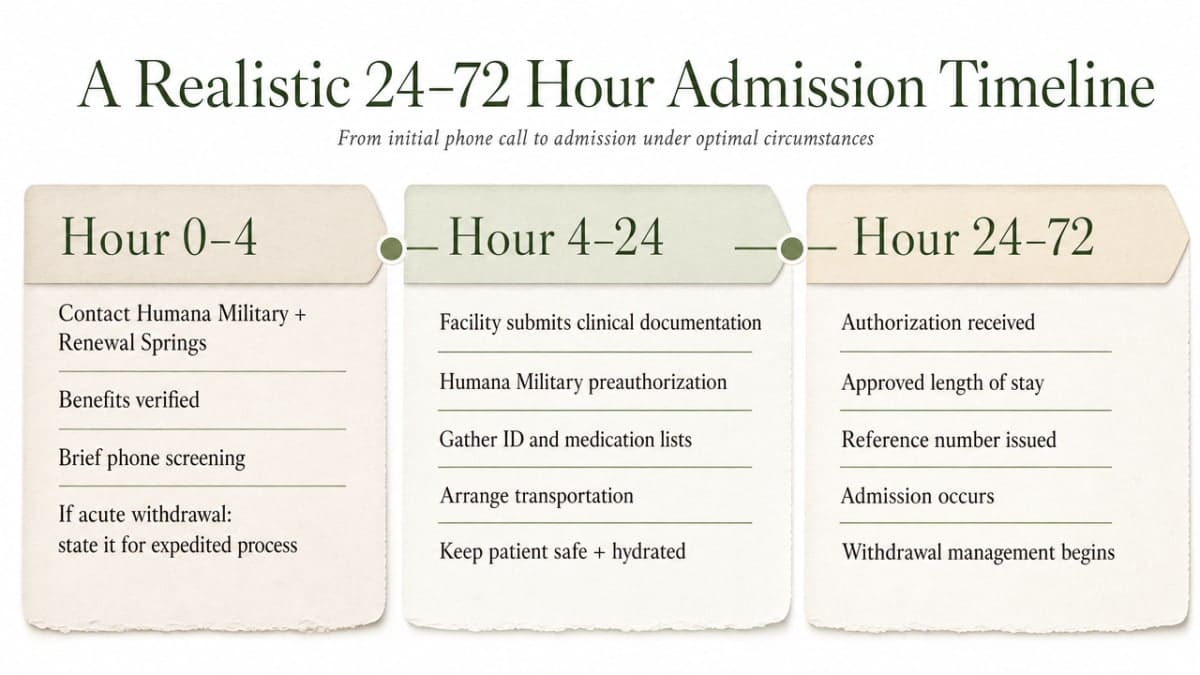 Visualize the three time-based phases of the admission timeline cited in the section, giving families a clear operational roadmap