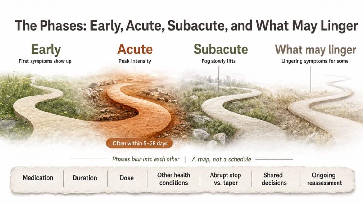 Illustrate the four withdrawal phases described in this section as a process/journey infographic, reinforcing the cited 5-28 day acute window and the possibility of protracted symptoms