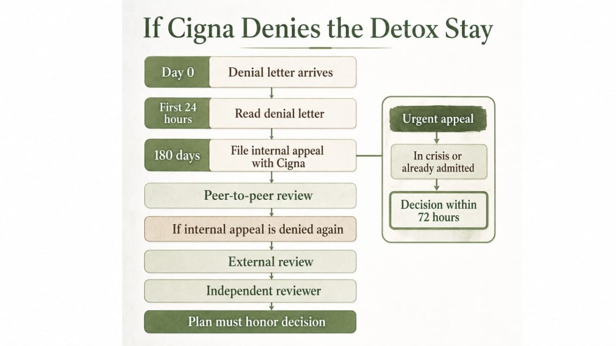 Process infographic mapping the appeals timeline and action steps cited in the section (180-day internal appeal window, 72-hour urgent decision, peer-to-peer review, external review)
