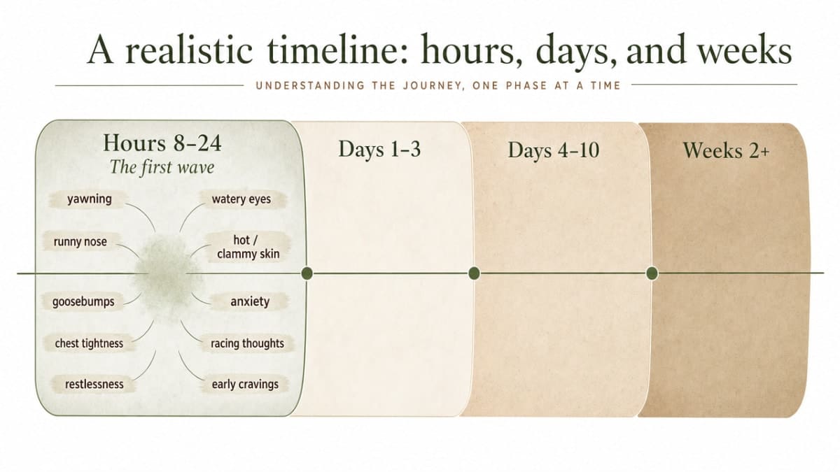 Visualize the four withdrawal phases described in the section (hours 8-24, days 1-3, days 4-10, weeks 2+) as a horizontal clinical timeline, matching the subsection structure