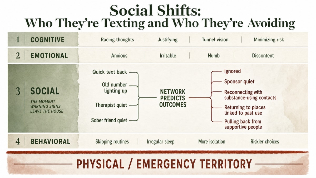 Visualize the four-tier warning-sign progression (cognitive, emotional, social, behavioral) with the clear boundary into physical/emergency territory, matching the article's structural spine
