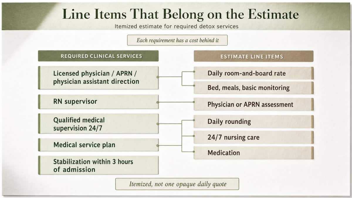 Visualize the itemized line items a Good Faith Estimate should contain, mirroring the ODMHSAS clinical requirements cited in the section
