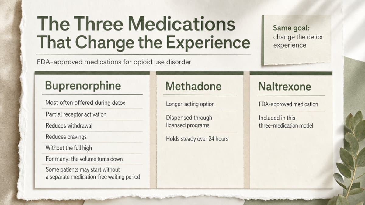 Compare the three FDA-approved medications for opioid use disorder discussed in this section so readers can see at a glance how buprenorphine, methadone, and naltrexone differ