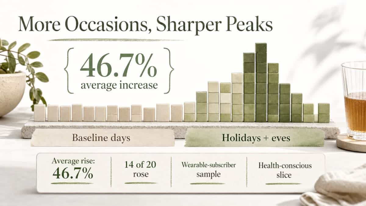 Visualize the documented 46.7% average increase in alcohol consumption on holidays and holiday eves versus baseline days, which is the central statistic of this section
